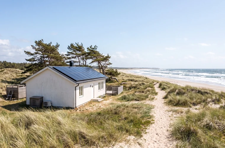 Hus vid Hallandskusten med solceller på taket, dyner och havet i bakgrunden